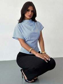Blusa de bambú y lino con cuello arrugado, mangas asimétricas, plisado lateral y cintura ceñida, para uso diario, color albaricoque, para todas las estaciones - Azul y blanco - Ver 2