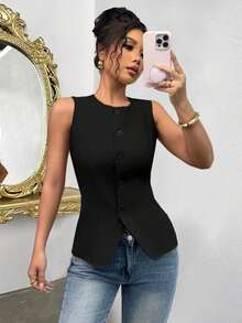 Camisa informal sin mangas de unicolor para el viaje del verano - Negro - Ver 8