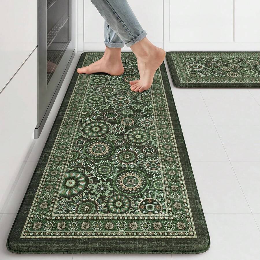 KIMODE Anti Fatigue Kitchen Mats Floor Cushioned Boho Kitchen Rugs Foam Kitchen Floor Mats Standing Desk Mats Laundry Office Sink Green 17x47+17x29 D8IP - Blue - View 1