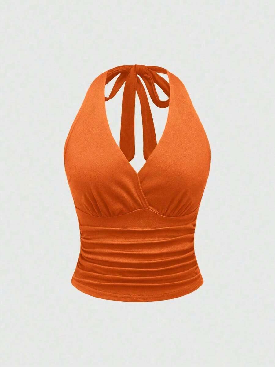 Punk Parte superior con estampado de leopardo y cuello de halter para mujer, escuela - Naranja - Ver 1