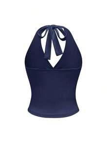 Punk Parte superior con estampado de leopardo y cuello de halter para mujer, escuela - Azul marino - Ver 2