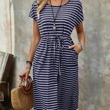 Women's Casual Striped Drawstring Waist Mid-Length Dress, Vacation Wear - Marrón - Ver 2