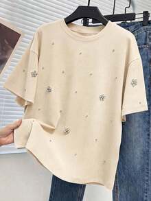 Nueva camiseta holgada casual con adorno de strass para mujeres - Albaricoque - Ver 6