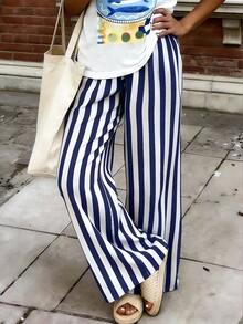 Pantalones sueltos y casuales a rayas para mujer, pantalones ligeros y cómodos de estilo bohemio elegante para primavera, verano y otoño, vacaciones en color rosa - Azul marino - Ver 3