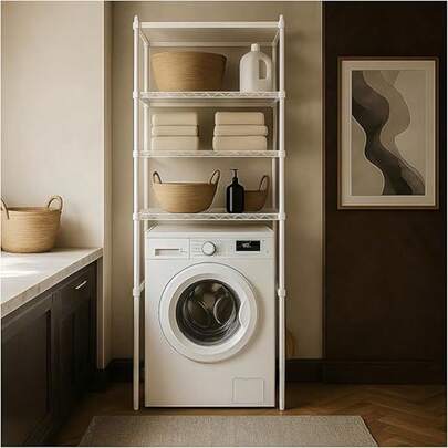 Adjustable Height Washing Machine & Dryer Top Shelf, Thickened Structure, Laundry Room Storage Rack, Dryer Top Storage Shelf (White + Black)