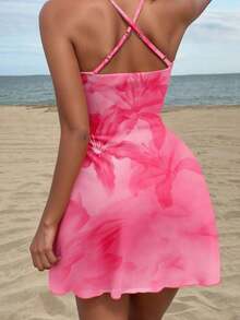 Vestido mini con cuello drapeado con estampado floral de hibisco naranja y amarillo en estilo retro vacacional elegante para mujer - Salidas, playa, bodas, cumpleaños, fiestas, chic, festival occidental, chica de isla vintage, vacaciones en la , - Multicolor 10 - Ver 3