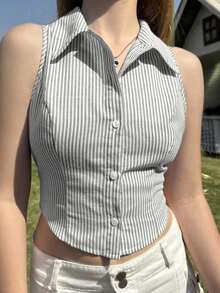 Camisa sin mangas de mujer de rayas tejida, azul - Gris - Ver 3
