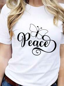 Women's 100% Cotton T-Shirt With Peace Butterfly Design, Comfortable Casual T-Shirts, Fashionable Printed T-Shirts, Soft And Breathable Tops For Ladies, Unique Style Clothing - 白色 - 查看 8