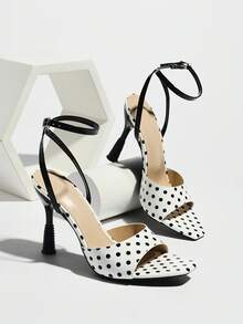 Giày sandal cao gót nữ, thích hợp cho mùa xuân/hè, hộp đêm, tiệc tùng, hoạt động ngoài trời, thời trang thượng lưu, tiệc cao cấp, chế tác gương tinh xảo, gót cao màu đen mảnh, mũi vuông nhỏ, dự tiệc, kỳ nghỉ, phong cách sang trọng, quai chéo mỏng bằng da PU gợi cảm, chấm bi bóng, chất liệu thoải mái, quai mảnh quyến rũ, giày trắng thanh lịch, sandal sang trọng, giày cao gót thường ngày. - trắng - Xem 7