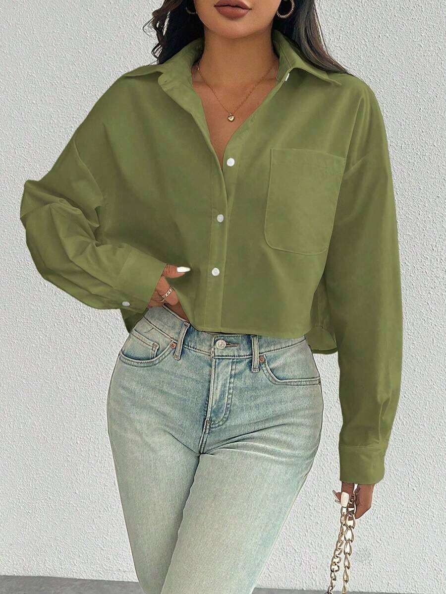 Camisa casual de manga larga con bolsillo, de ajuste suelto y hombros caídos, de unicolor, para primavera/verano, Top de manga larga - Verde militar - Ver 1