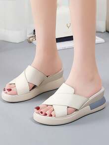 Women's Platform Slide Sandals, Casual Thick Sole Slippers, Comfortable Flip Flops - Beige - View 3