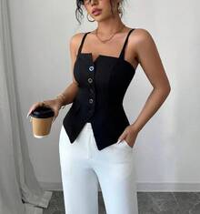 [Estilo Sexy] Camiseta sin mangas con tirantes finos, cuello corazón y corte ajustado para el verano - Negro - Ver 2
