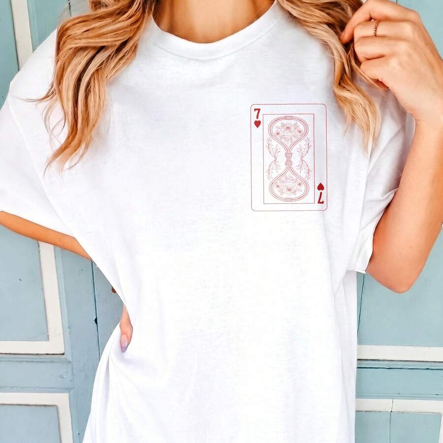 1 Piece 180g Women's T-Shirt, Men's Casual Cotton Crew Neck T-Shirt. Women's Sports T-Shirt. Designed By Y2K Artists In The Bababask Style, Made From 100% Pure Cotton. Vintage Playing Card Design With Roses, Classic Style, Comfortable Short Sleeves. - 白色6 - 查看 1