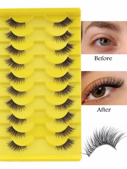 10 Pairs Natural Half-Eye Half-Cut False Eyelashes, Short Soft 3D Faux Mink Lashes, Fluffy Lashes, Cat Eye Lashes, Fox Eye Lashes, Soft Lightweight 3D Lashes, Natural Strip Lashes, Extending Lashes, Suitable For Party, Daily Wear