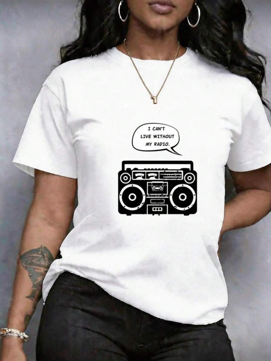 Camiseta para Mujer Estampado de Dibujos Animados Estampado de Letras, que incluye radio de cassette y burbuja de diálogo, de Manga Corta Cuello Redondo, disponible en Tallas Grandes, diseño vintage en estilo elegante casual para ocio, ideal para Casual Diario y salidas casuales, versátil, cómoda suave y transpirable, Secado Rápido - Blanco - Ver 1