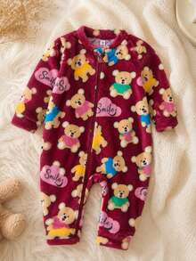 Children's Fleece Jumpsuit With Bear Print And Front Zipper Opening - 勃根地 - 查看 7