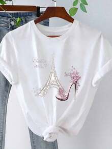 Camiseta casual de manga corta con cuello redondo, estampado floral y de letras para mujer de talla grandePure-Cotton - Blanco - Ver 7