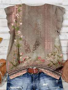 Blusa casual con cuello en V, estampado floral y volante en el bajo, adecuada para el verano - Multicolor 2 - Ver 2