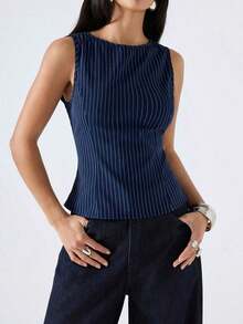 2026 Nueva Camiseta de Tirantes Ajustada de Cuello Redondo a Rayas de Color Albaricoque Minimalista, Adecuada para Trabajo/Casual de Negocios/Oficina, Top de Moda para Mujer - Azul - Ver 4