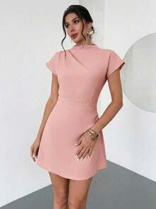 Vestido mini de línea A con cintura fruncida de unicolor, estilo de oficina para el verano - Rosa vieja - Ver 5