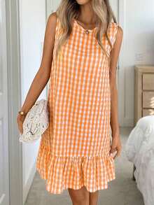 Vestido de verano estilo bohemio con cuello redondo sin mangas y corte evasé a dos colores a cuadros, vestido esencial para vacaciones y uso diario al aire libre - Multicolor 2 - Ver 5