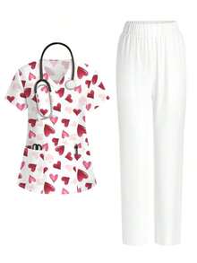 Conjunto de 2 piezas con top de manga corta con cuello en V blanco con bolsillo y diseño de oreja colgante, estampado de mariposa y flores, y pantalón recto para mujer, uniforme de enfermera de primavera/verano, conjunto casual, uniforme - Multicolor 4 - Ver 8