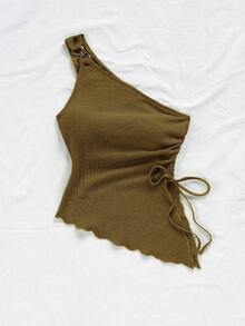 Camiseta de tirante único de punto jacquard texturizado de color beige para mujer, adecuada para fiesta, cita, Día de San Valentín, Pascua, carnaval, té de la tarde, playa, crucero, vacaciones en la ciudad - Marrón 3 - Ver 3