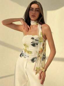 Blusa elegante y romántica de mujer con estampado floral teñido anudado y volantes sin tirantes - Amarillo claro - Ver 3
