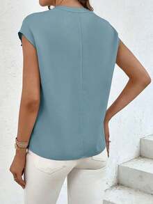 Camisa casual de mujer de unicolor con cuello en V, abotonadura sencilla y bolsillo - Niebla azul - Ver 2