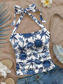 Parte superior corta ajustada con cuello de halter casual para vacaciones de mujer, verano de mujer, sin espalda, ropa de vacaciones de mujer, lunares, primavera de mujer, verano, parte superior para salir de mujer, vacaciones de mujer - Multicolor - Ver 1