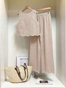 Frenchy Conjunto de 2 piezas de top sin mangas de cuello redondo a cuadros y pantalones para mujer - Caqui - Ver 2