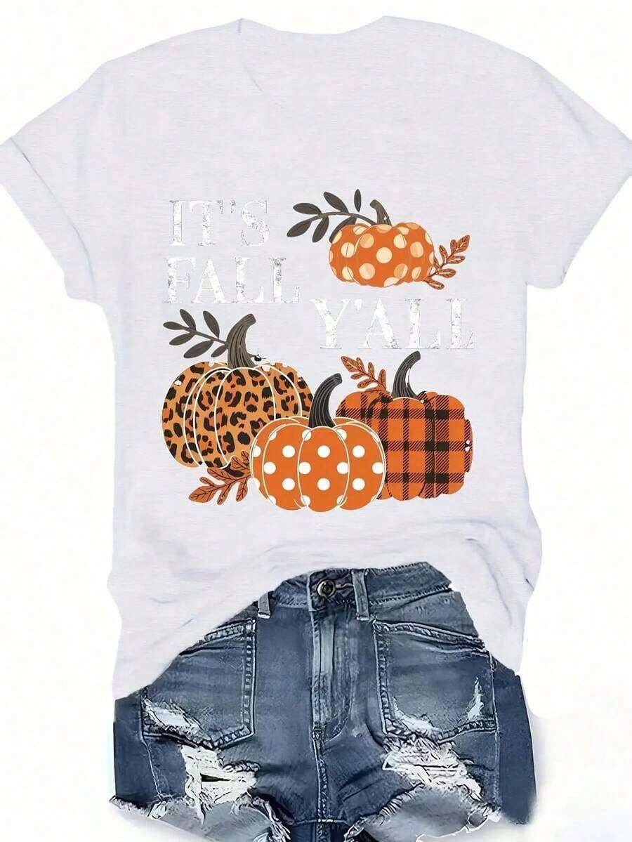 Camiseta de Mujer con Estampado Otoñal - Tema de Calabaza "Es OTOÑO, CHICOS" - Negra con Estampado de Calabaza a Cuadros Naranja y Beige - Camiseta Casual para Uso Diario en Halloween, Día de Acción de Gracias y Otoño - Lavable a Máquina, Estilo de Secado Rápido - Blanco - Ver 1