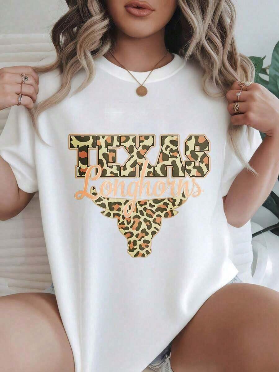 Camiseta Casual de Moda para Mujer con Diseño Estampado de Texas Leopard Longhorns, Adecuada para Todas las Temporadas  
 Negro - Blanco - Ver 1