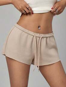 Pantalones cortos casuales sueltos de cintura elástica de unicolor para mujer - Caqui - Ver 4