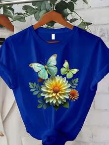 Women's Plus Size Classic T-Shirt With Butterfly Print - Casual Short Sleeve Crew Neck Top, Soft And Comfortable, Suitable For Summer And Autumn Wear, Ideal Gift For Thanksgiving/Christmas/New Year, Bestseller - 藍色 - 查看 7