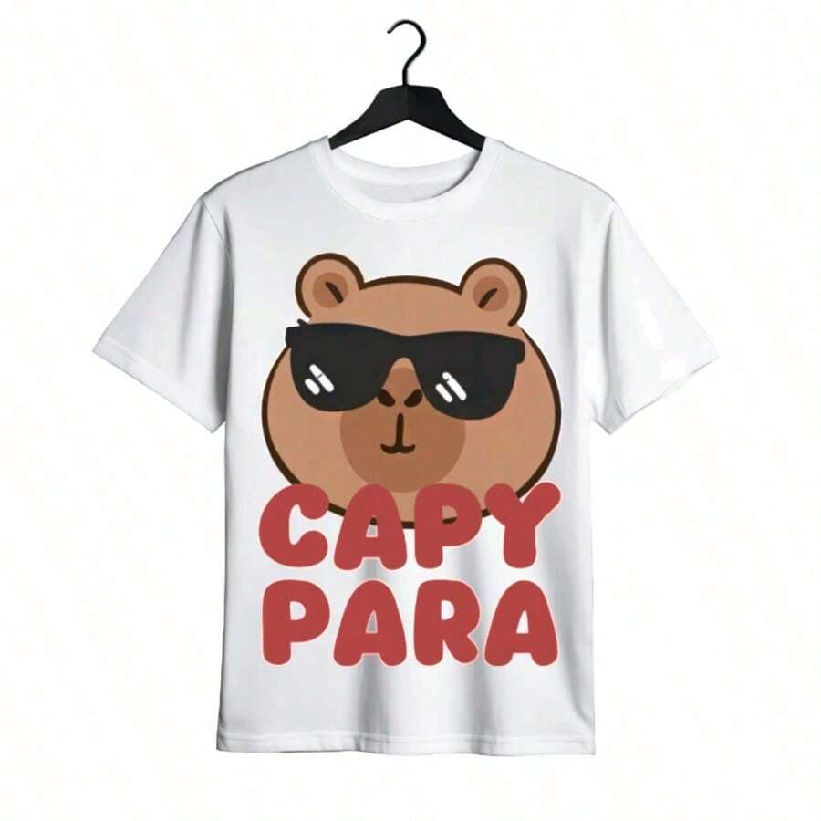 Tops para mujer de manga corta con estampado de capibara para mujer, cuello redondo, informal, de algodón. - Blanco - Ver 1