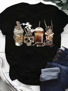 Women's Loose-Fitting Crew Neck T-Shirt, Suitable For Halloween And Day Of The Dead. A Loose, Casual, And Versatile Y2K Style T-Shirt. - 黑色 - 查看 9