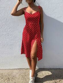 Women's Summer Dresses, Sleeveless Polka Dot Casual Dress With Pleated Elastic Waist And V-Neck, Beach Dress, Summer Dresses - 白色 - 查看 3
