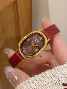 1 pieza Reloj de cuarzo para mujer con correa ajustable estilo retro, elíptico con escala de números romanos, compacto y perfecto para uso diario - Rojo - Ver 2