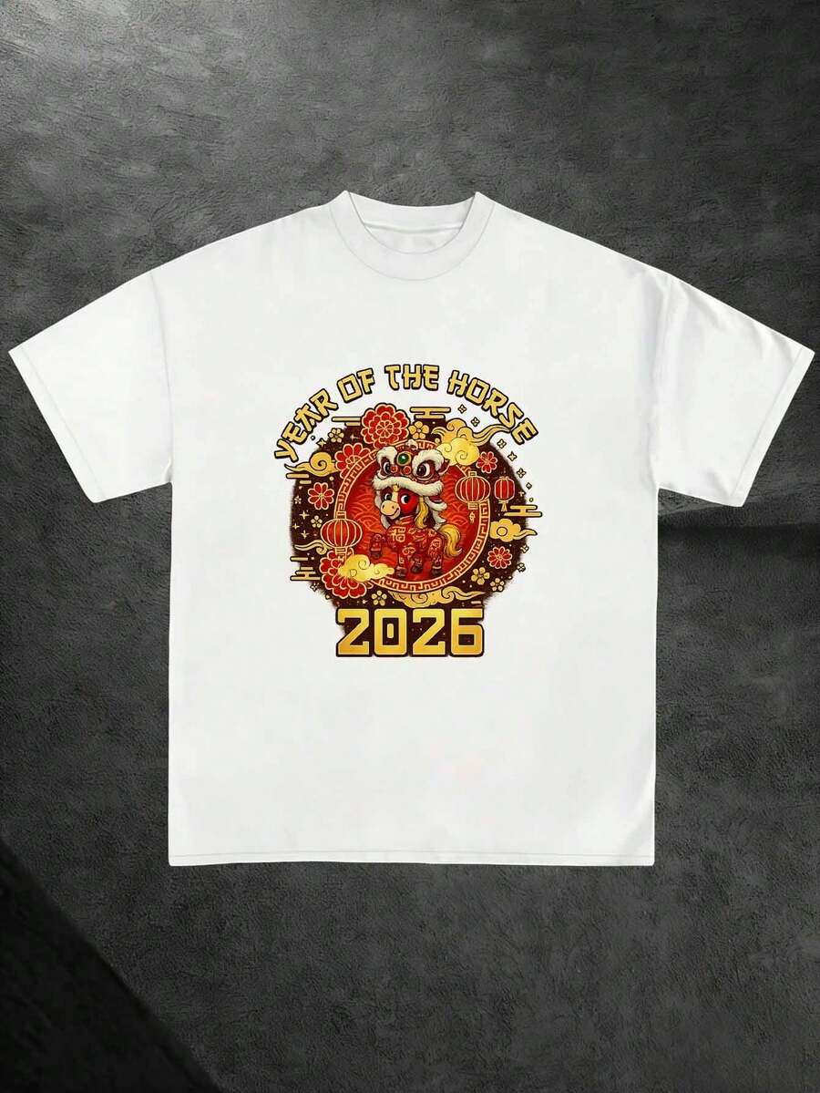 Camiseta de Hombre Año del Caballo 2026 con Estampado de Linterna del Año Nuevo Lunar, Impresión de Primera Calidad, Duradera, Casual y a la Moda - Colores mezclados - Ver 1