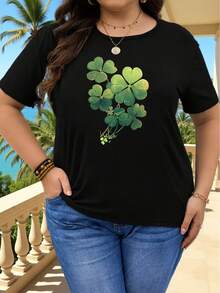 Talla - Talla - Camiseta Casual de Manga Corta para Mujer de Talla - Con Estampado de Trébol, Top Elástico de Cuello Redondo para Primavera y Verano, Lavable aáquina, Hecha de Tejido de Elasticidad Media - Negro - Ver 2