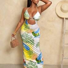 Women's Tropical Plant Print Hollow-Out Sexy Tie Neck Dress, Vacation Wear - Multicolor - Ver 6