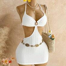 Summer Outfit For Women Summer Dress Party Outfit Beach Dress White Dress Women's Solid Color Shell Decor Cutout Waist Backless Halter Mini Dress, Vacation - Blanco - Ver 8