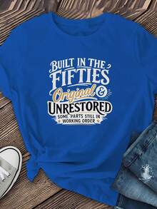 Camiseta de manga corta estampada de estilo vintage original de los años cincuenta, sin restaurar, de cuello redondo para primavera/verano, top de mujer para primavera/verano, adecuada para salidas diarias, esencial para otoño/invierno, perfecta para reuniones cotidianas, éxito de . - Azul - Ver 6