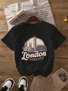 Egg Tart Special London Big Ben Graphic T-Shirt, Short Sleeve, Round Neck, Casual Style, Summer And Spring, For Women - Soft And Lightweight Fabric - 黑色 - 查看 12