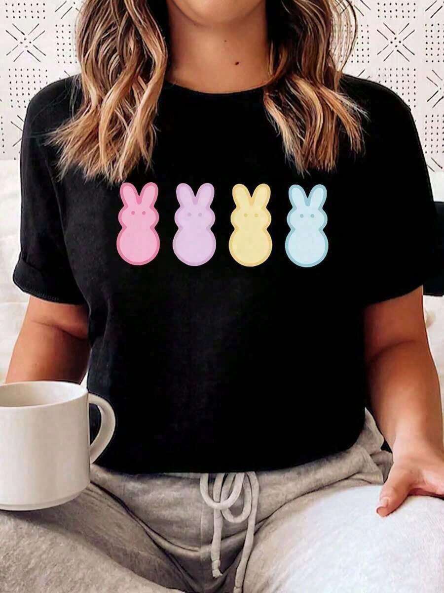 Camiseta de Mujer con Estampado Gráfico Temático de Pascua Premium, Moda Femenina, Casual, Cómoda, Suave, para Uso Diario, Deportes al Aire Libre, Fitness, Transpirable para el Hogar, Cuello Redondo, Manga Corta, Estilo Vintage Urbano, Unisex, Holgada, de Algodón, Ecológica. - Negro - Ver 1