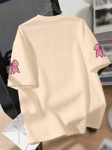 Girls' Ballet Element Bow Print Round Neck T-Shirt, Casual Soft Top For Summer - Apricot - View 2