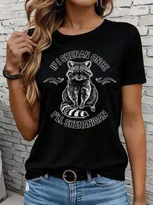 Camisetas De Calor Para MujerLas Camisetas De Manga Corta Para Mujer En Blanco Y Negro Son Adecuadas Para El Ocio Diario, El Hogar Y Los Viajes Al Aire Libre. Camiseta Con Estampado GráFico De Mapache "If I Shenan Once I'Ll Shenanigan" Para Mujer, Top Casual Divertido Con Estampado De Animales, Atuendo De Verano, Regalo Para Fiestas Y Vacaciones. - Negro - Ver 1