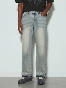 Modcrash Men's Retro Loose Wide-Leg Jeans, Distressed Frayed Hem, Casual Street Style Suitable For All Seasons - Mustard Yellow - View 1