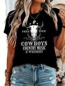 Women's Simple Loose Fit T-Shirt, Modern Style, 100% Cotton, Western Cowgirl Graphic T-Shirt | Casual Short-Sleeve T-Shirt With A Round Neck And A Bull Skull And Cowboy Boot Print, Featuring A Country Music And Whiskey Design. Lightweight And Machine Washable For All Seasons, Ideal For Spring And Summer Outfits. Comfortable, Soft, And Simple Short-Sleeve T-Shirt For Everyday Wear. - 黑色 - 查看 7